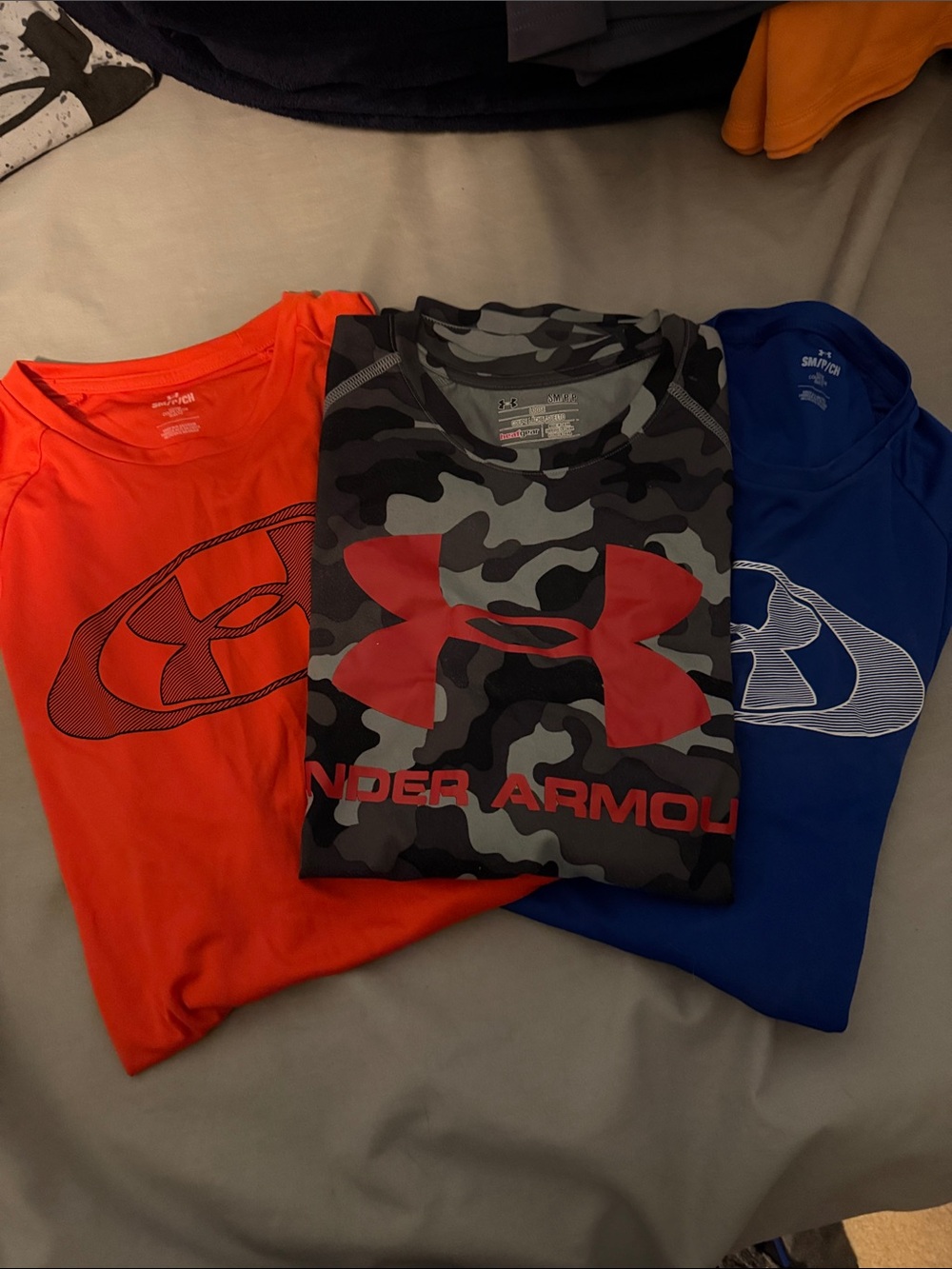 Under Armour Kids' Short Sleeve Logo Tees - Orange, Camo with Red Logo, Blue